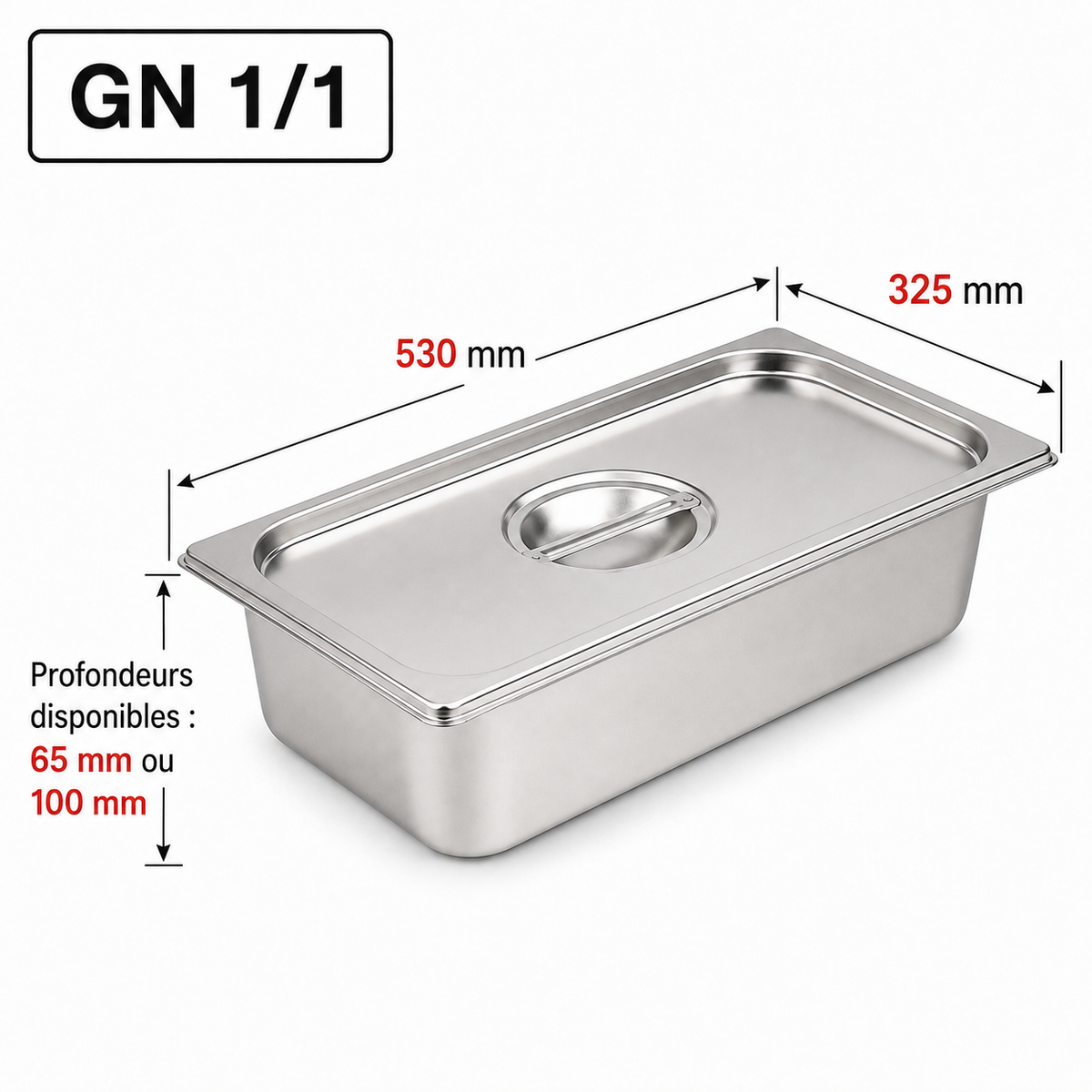 Bac gastro GN 1/1 avec couvercle inox – Acier inoxydable 1 mm