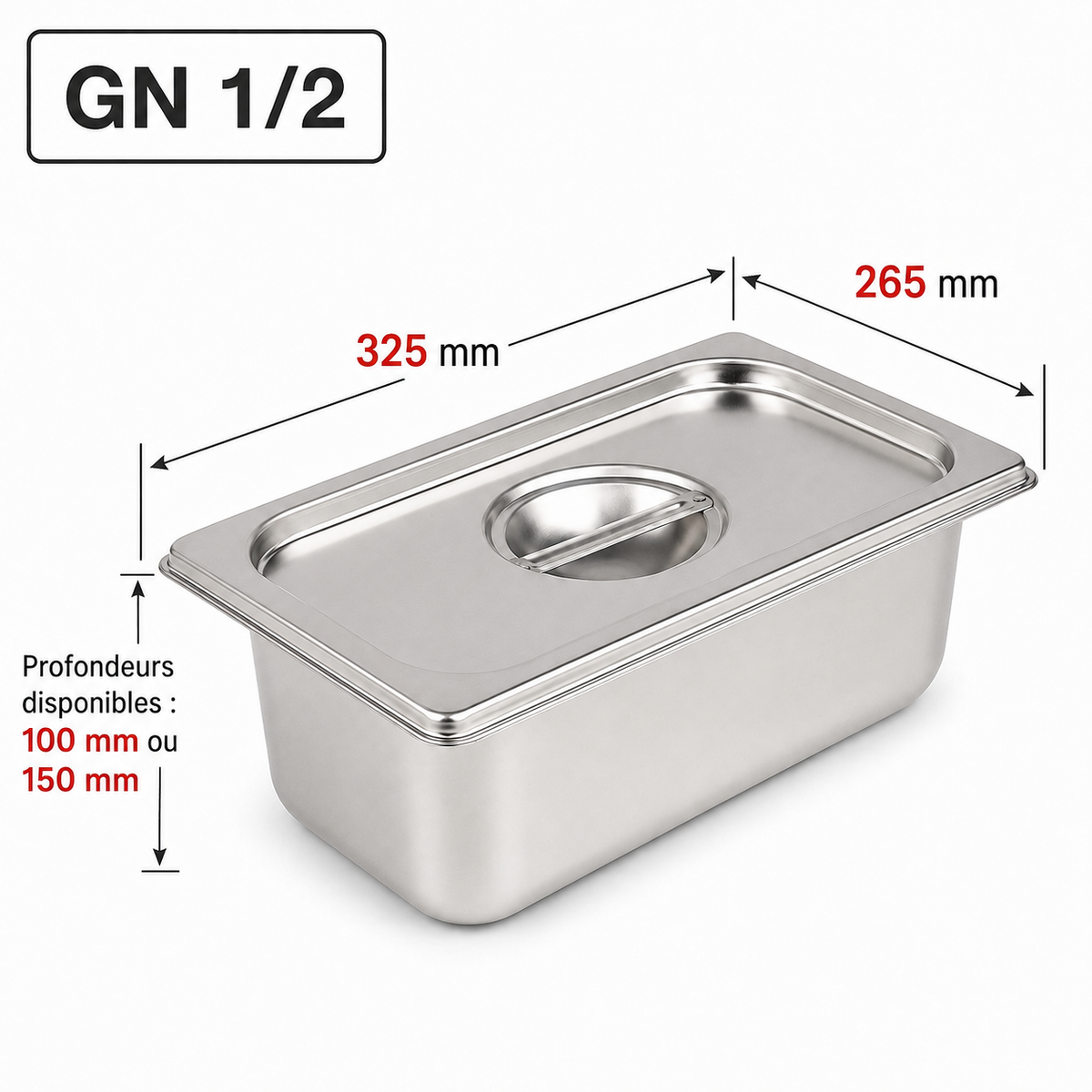 Bac gastro GN 1/2 avec couvercle inox – Acier inoxydable 1 mm