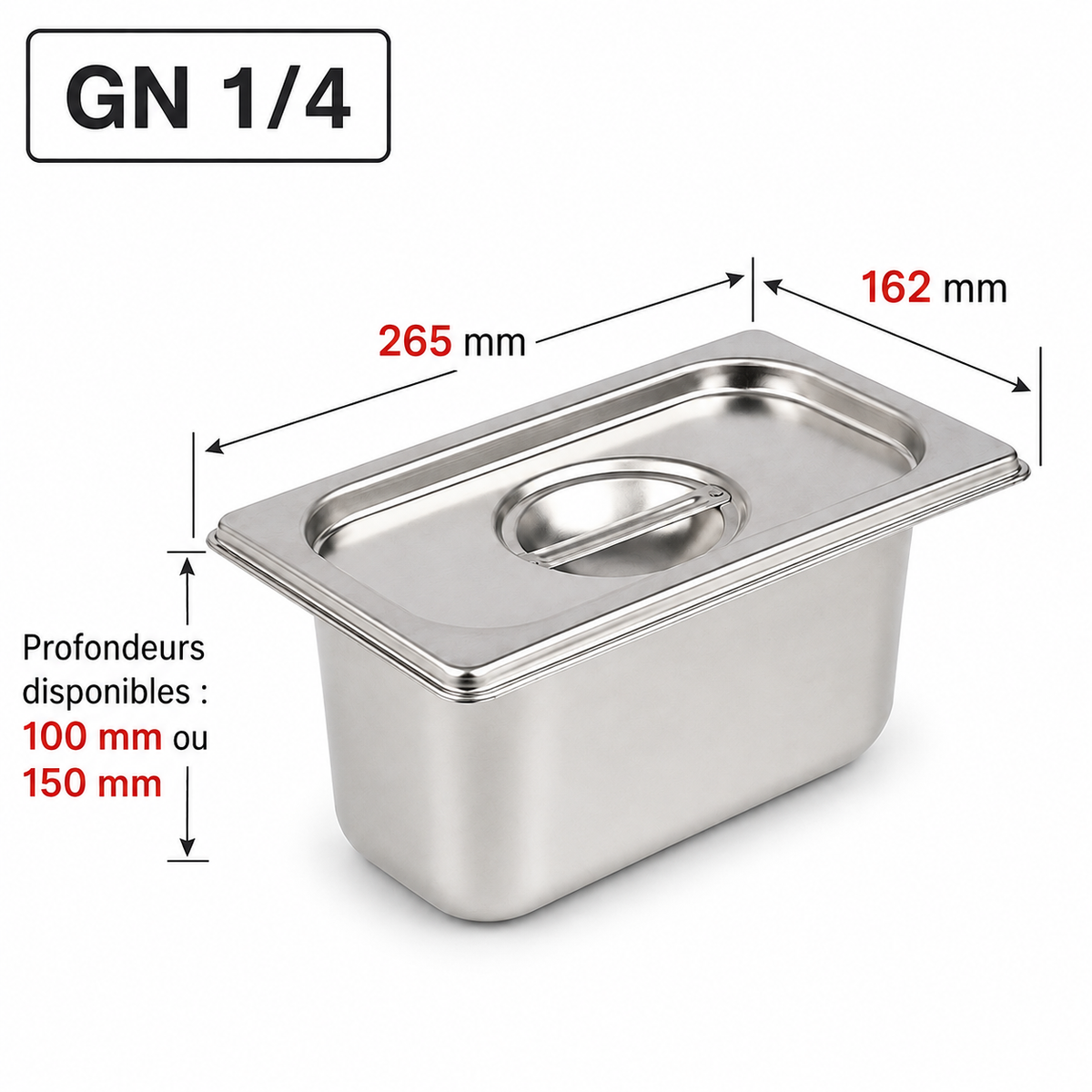 Bac gastro GN 1/4 avec couvercle inox – Acier inoxydable 1 mm