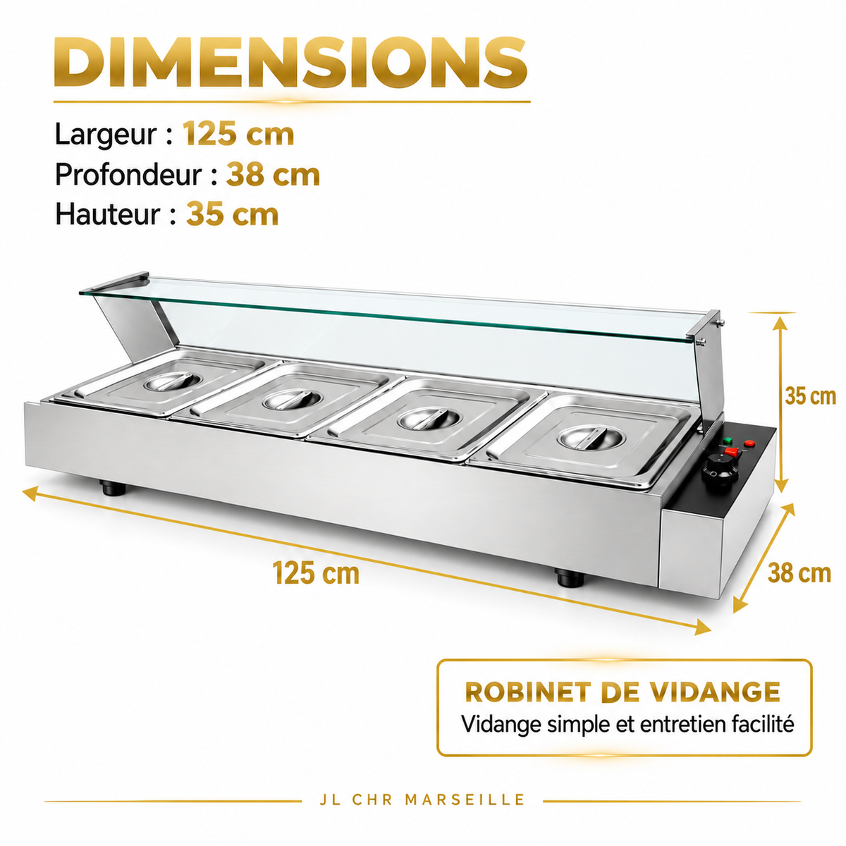 Bain-marie vitré professionnel 4 bacs GN 1/2 sur fond blanc – dimensions 125 × 38 × 35 cm et robinet de vidange – JL CHR Marseille