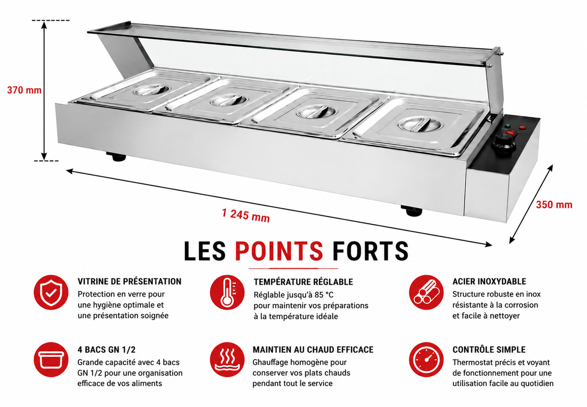 Bain-marie vitré professionnel – 4 bacs GN 1/2 – matériel CHR professionnel JL CHR