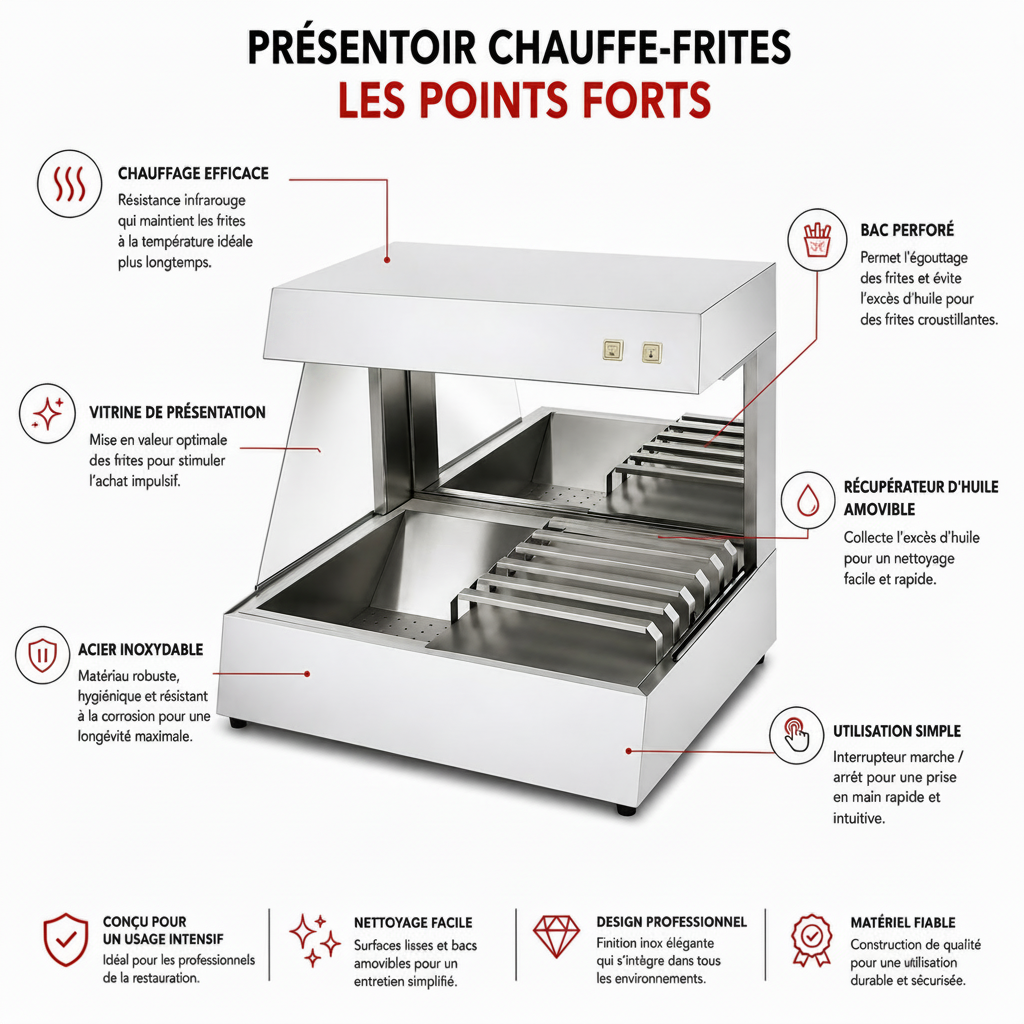 Présentoir chauffe-frites professionnel inox 750 W – Vitrine chauffante – matériel CHR professionnel JL CHR