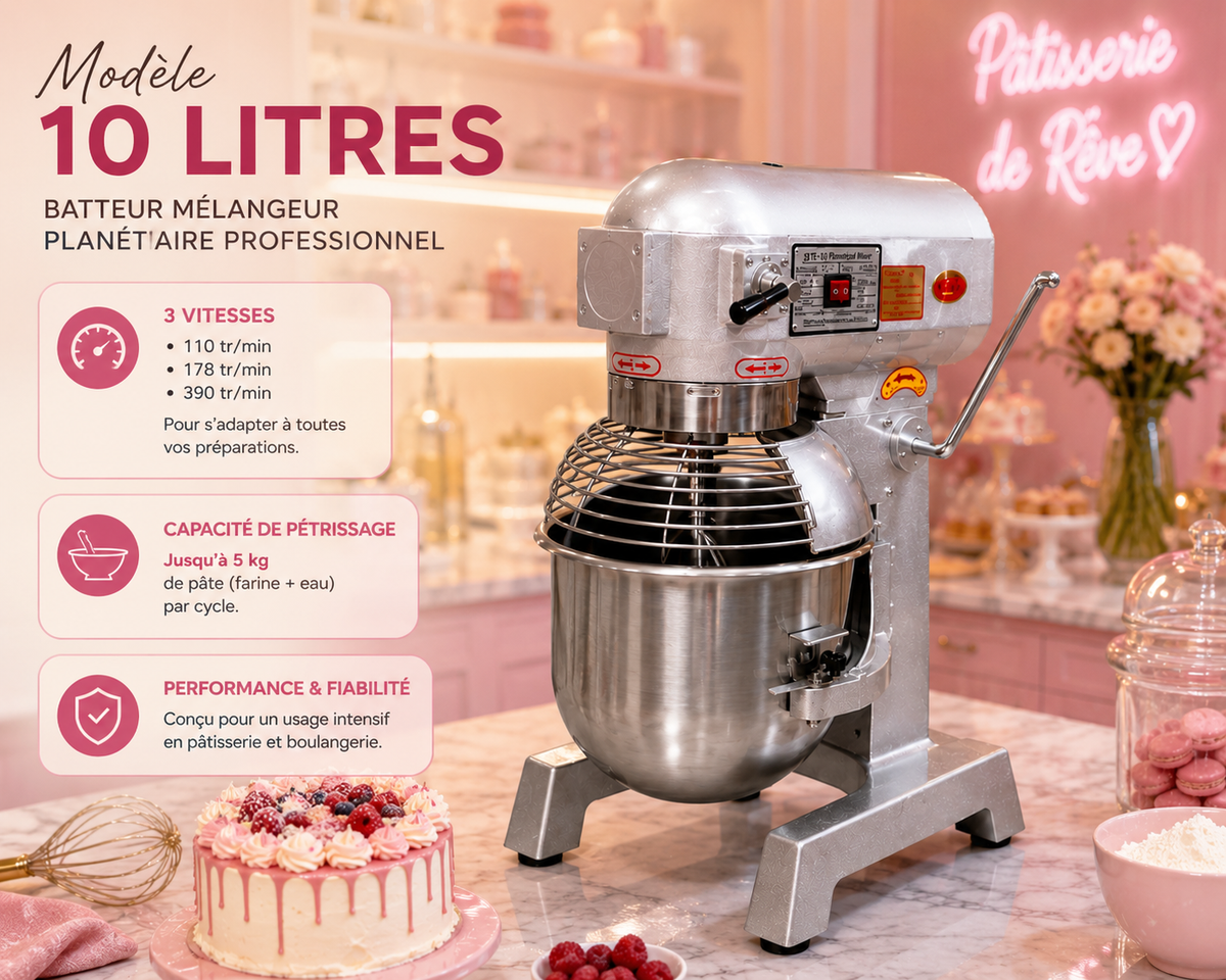 Batteur mélangeur planétaire professionnel 10 L – 3 vitesses – Cuve inox – matériel CHR professionnel JL CHR