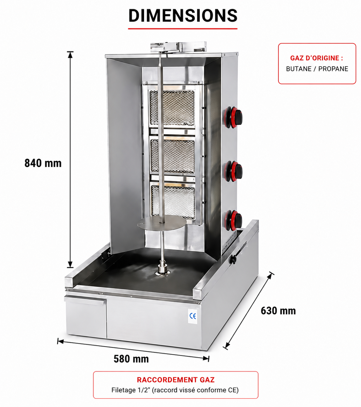 Machine à kebab professionnelle à gaz – 3 ou 4 feux – matériel CHR professionnel JL CHR
