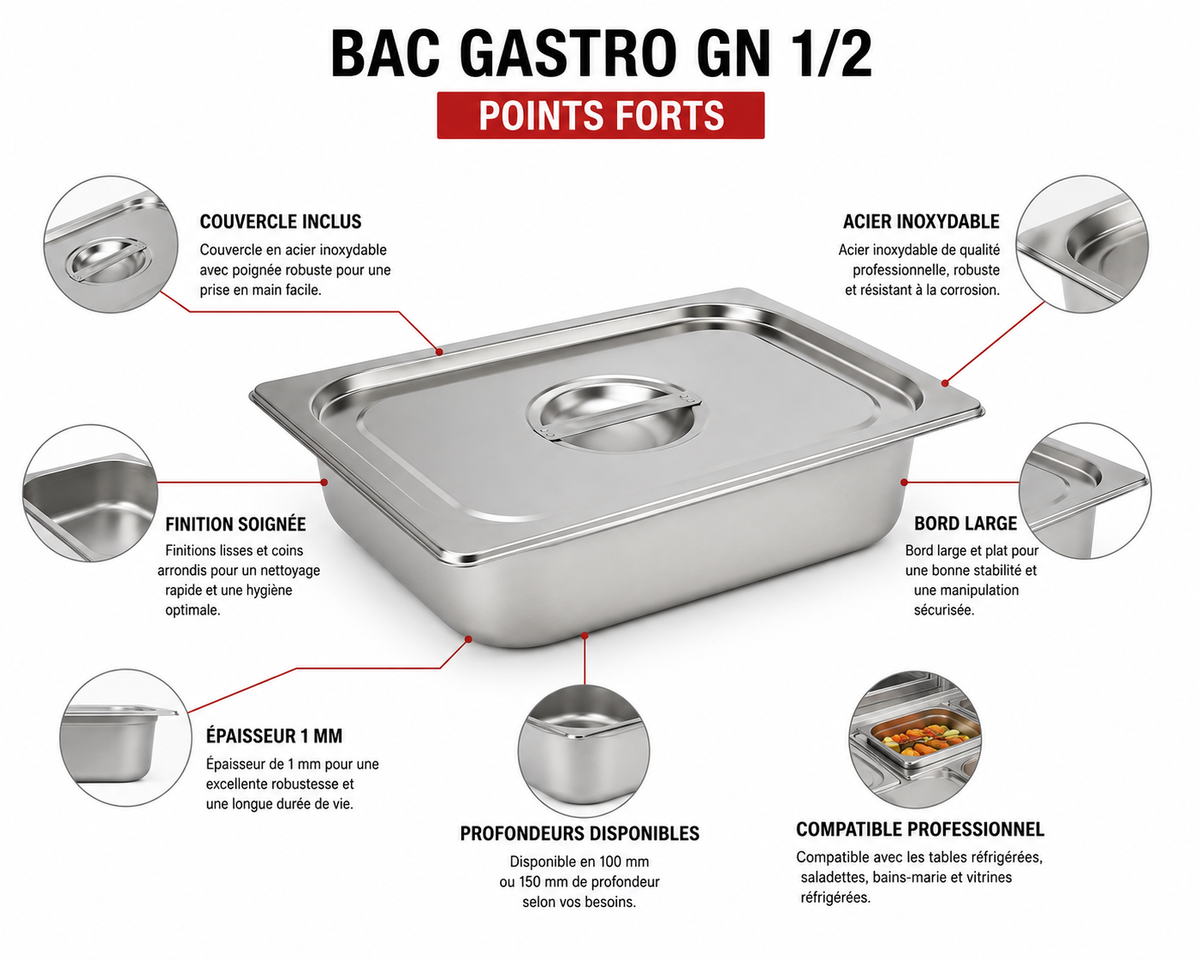 Bac Gastro GN 1/2 avec couvercle inox – Acier inoxydable 1 mm – matériel CHR professionnel JL CHR