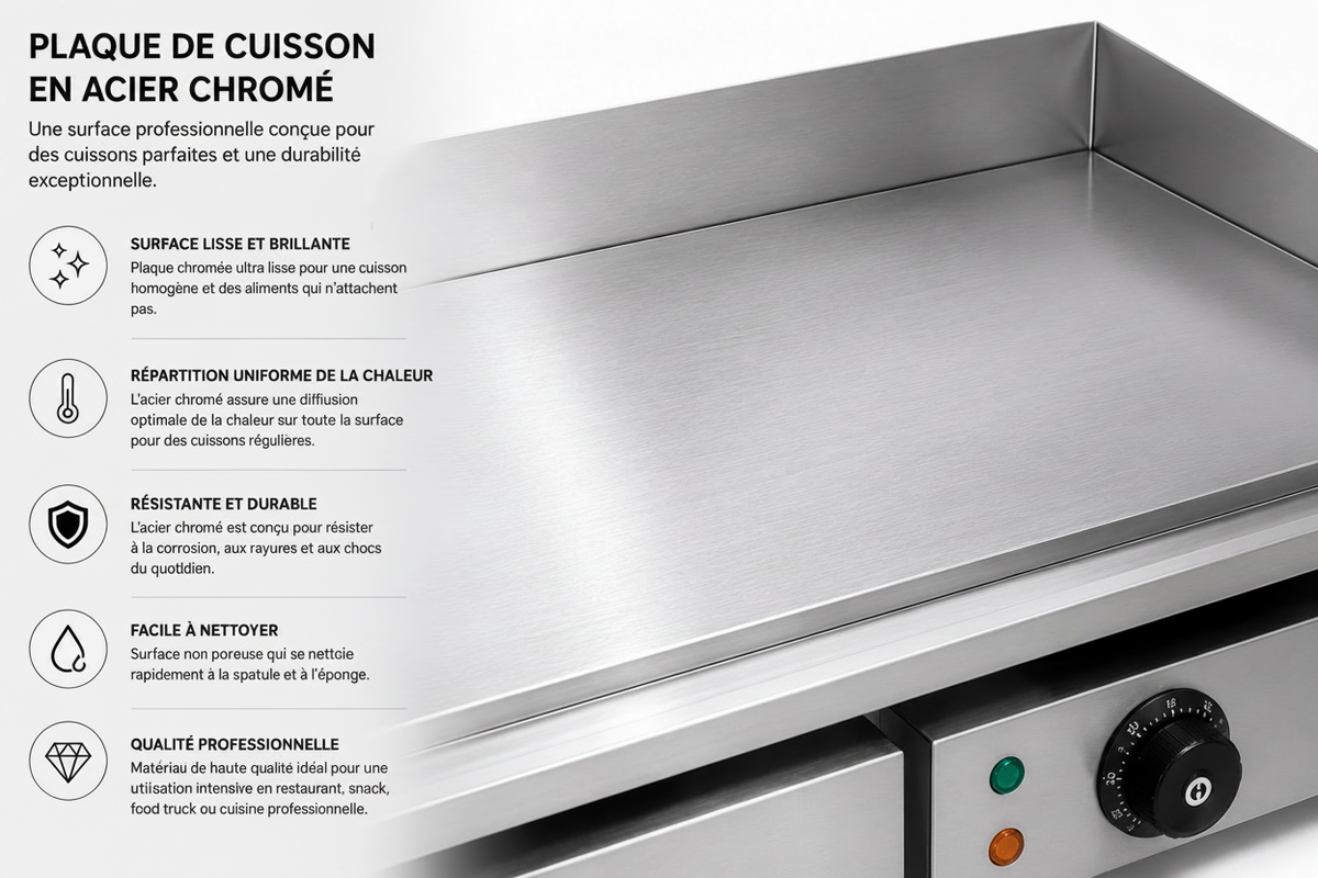 Plancha électrique professionnelle 73 cm – Finition chromée – matériel CHR professionnel JL CHR
