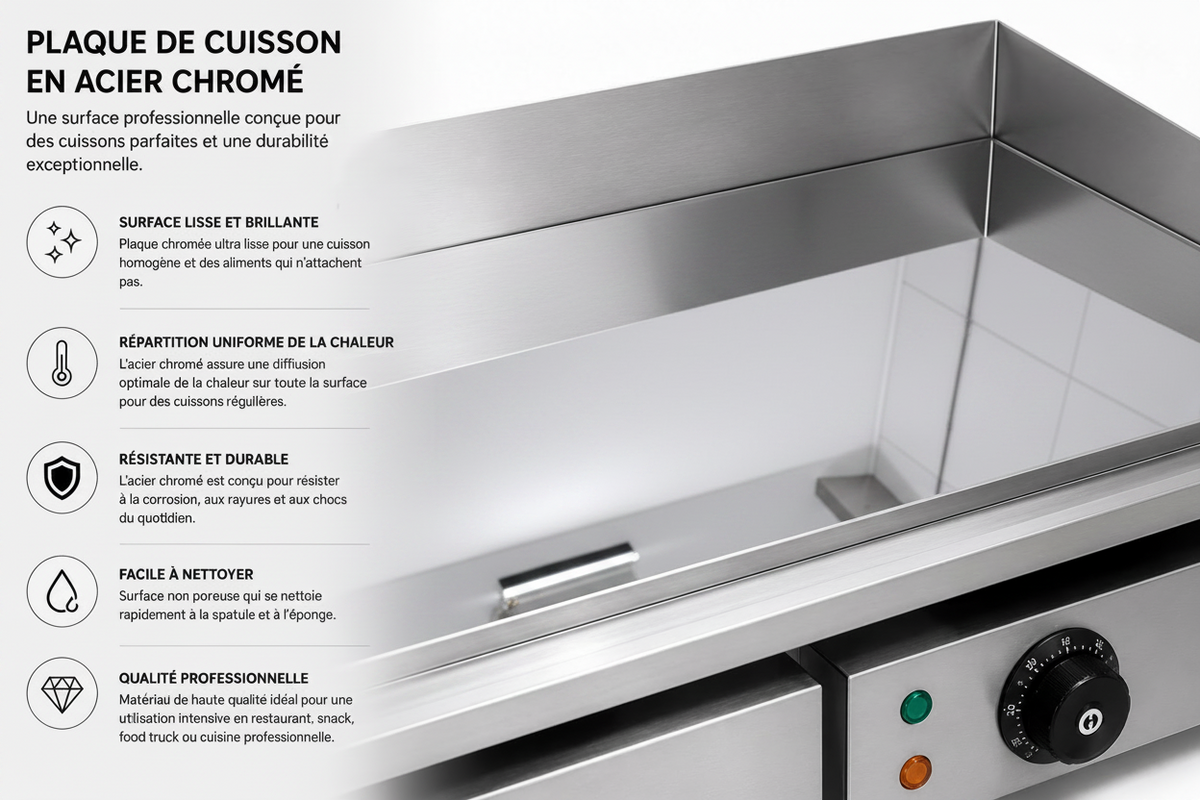 Plancha électrique professionnelle 55 cm – Finition chromée – matériel CHR professionnel JL CHR