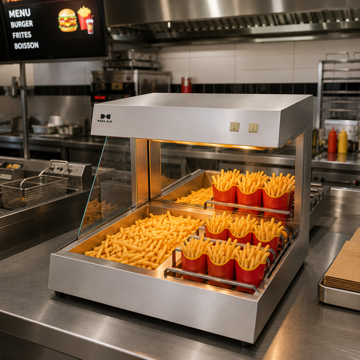 Présentoir chauffe-frites professionnel inox 750 W – Vitrine chauffante – matériel CHR professionnel JL CHR