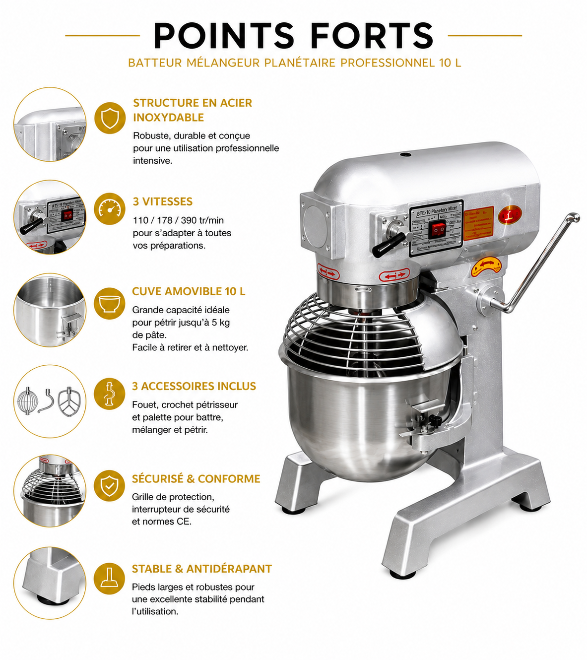 Batteur mélangeur planétaire professionnel 10 L – 3 vitesses – Cuve inox – matériel CHR professionnel JL CHR