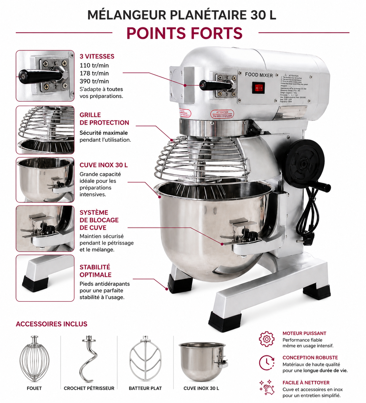 Batteur mélangeur planétaire professionnel 30 L – 3 vitesses – Cuve inox – matériel CHR professionnel JL CHR