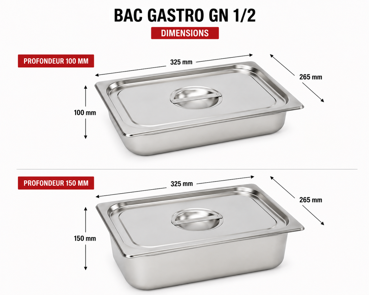 Bac Gastro GN 1/2 avec couvercle inox – Acier inoxydable 1 mm – matériel CHR professionnel JL CHR