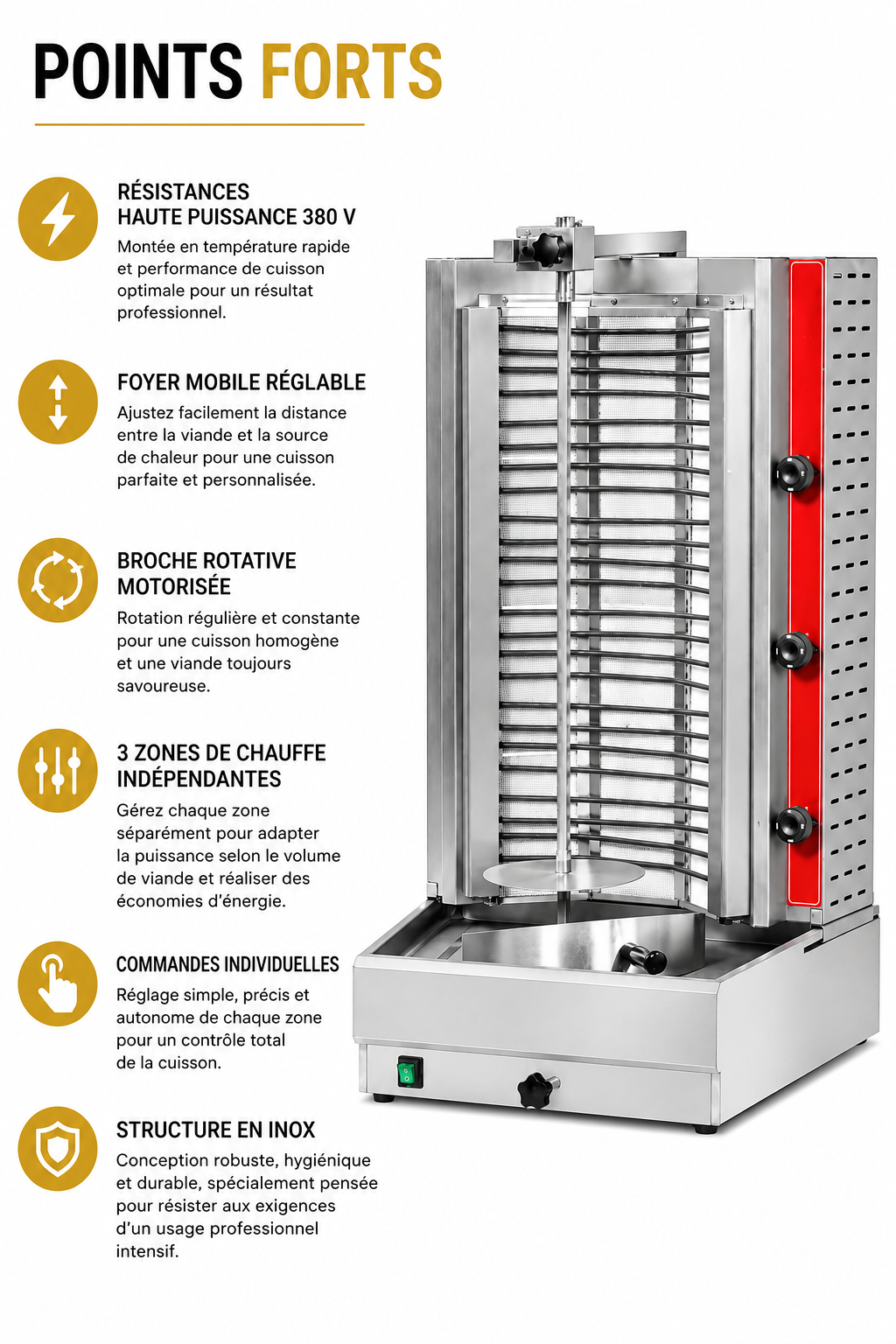 Machine à kebab électrique professionnelle 3 résistances – 9 kW – matériel CHR professionnel JL CHR