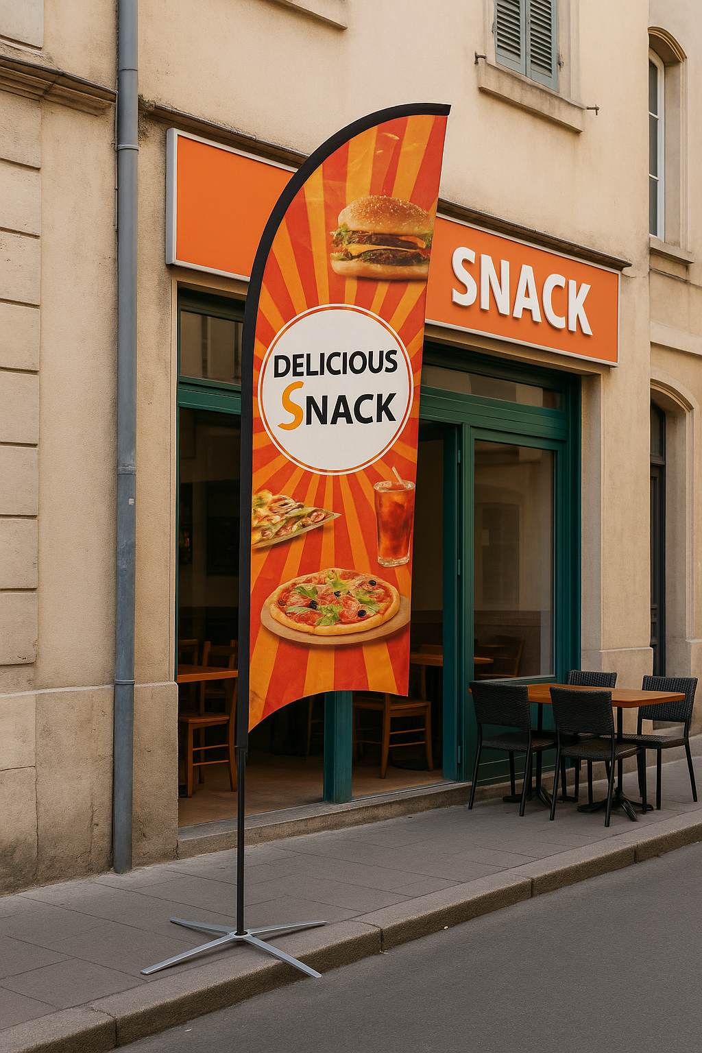 Drapeau publicitaire snack et pizzeria – matériel CHR professionnel JL CHR